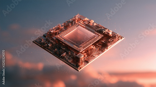 Futuristic Semiconductor Chip With Rose Gold Microstructures In A Coral Pink Atmospheric Void