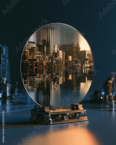 Vertical Silicon Wafer With Reflected Semiconductor Machinery