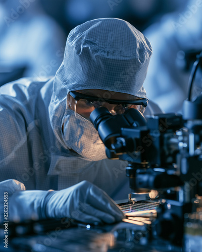Semiconductor Engineer Inspecting Silicon Wafer In Cleanroom