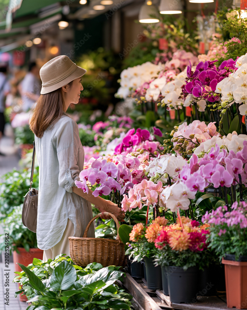 Fototapeta premium Woman choosing flowers at Taipei plant market