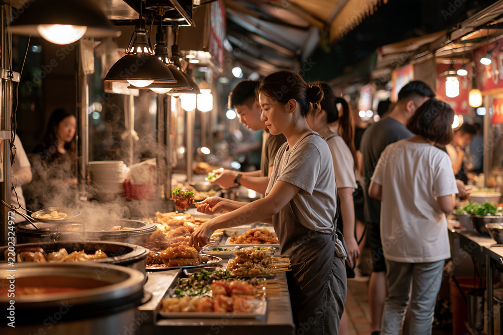 Fototapeta premium Night food market atmosphere in Taipei Taiwan