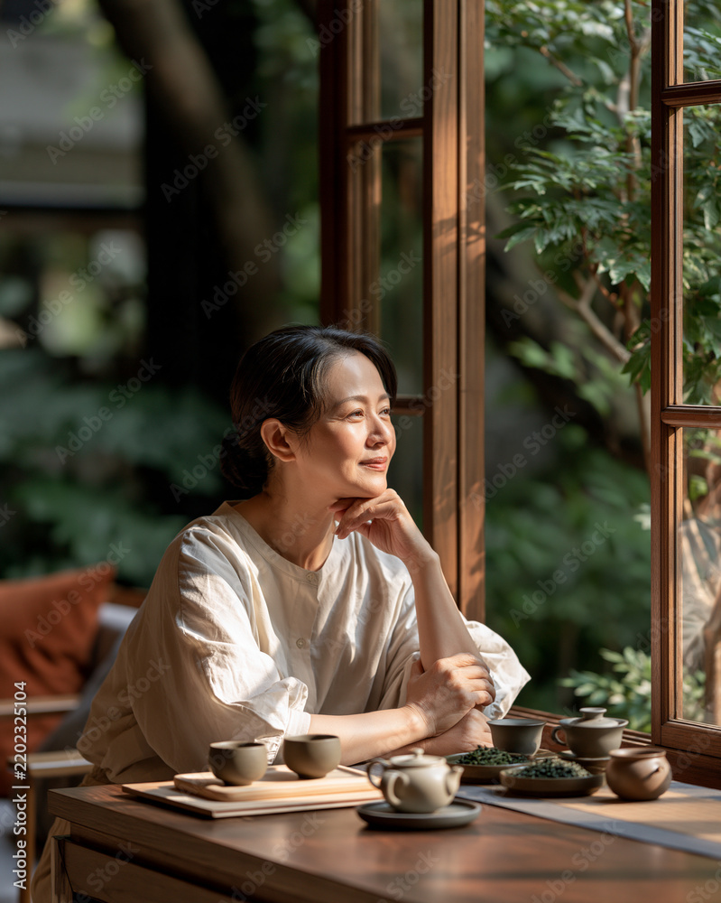 Obraz premium Woman enjoying quiet tea moment in Taipei