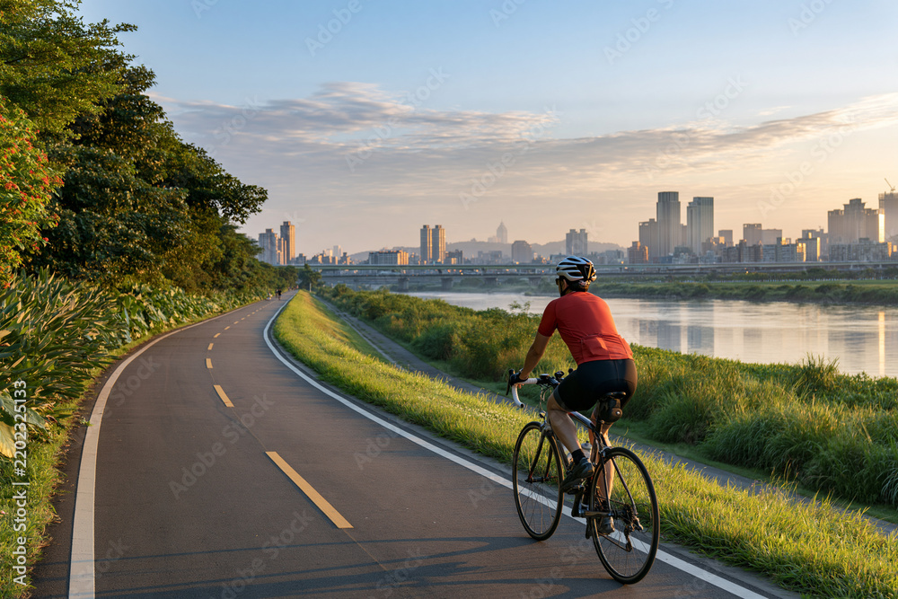 Fototapeta premium Cycling along riverside path in Taipei Taiwan