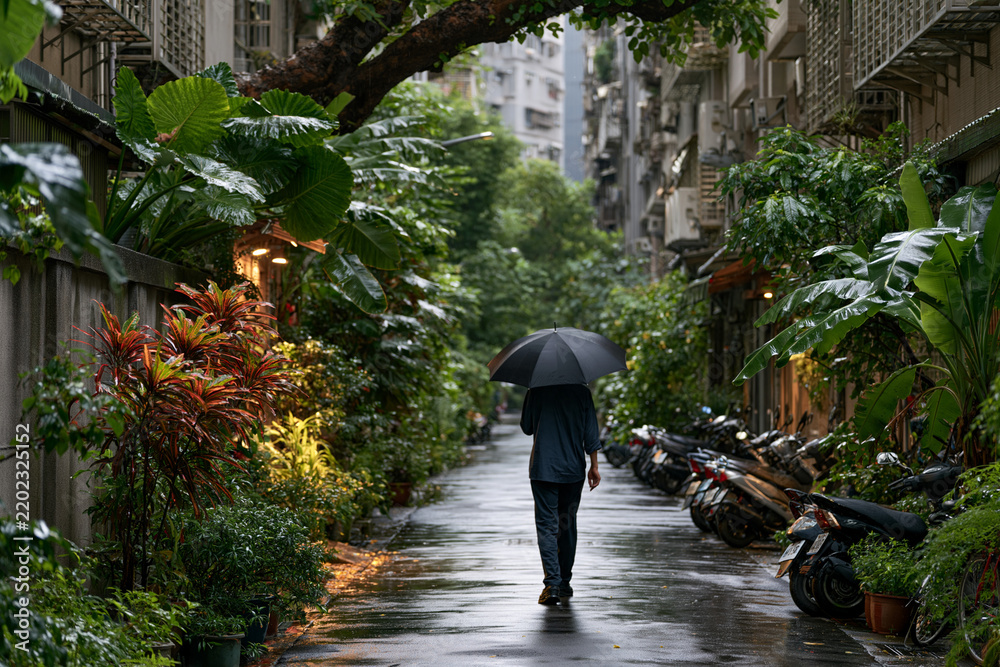 Fototapeta premium Rainy urban alley lifestyle in Taipei Taiwan