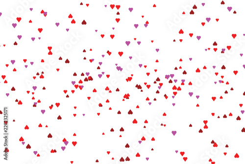 A festive celebration pattern featuring many scattered small hearts in shades of vibrant red and pink