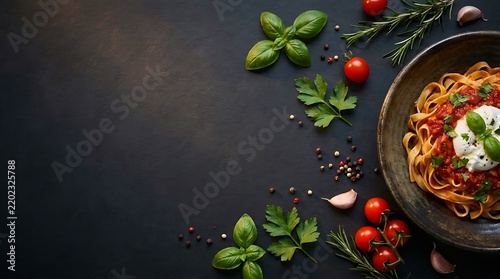 Plate of italian pasta with tomato sauce and fresh basil