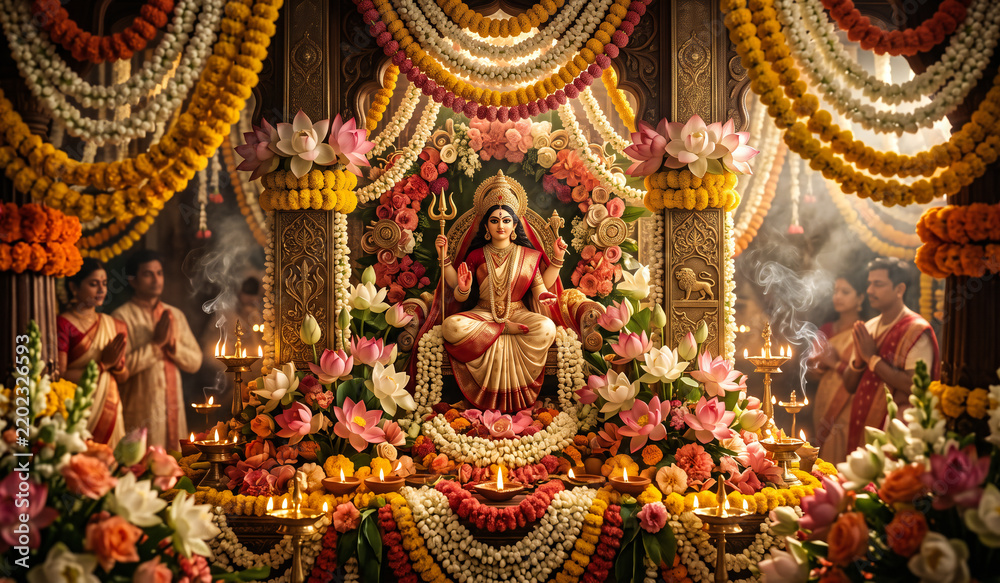 Fototapeta premium A luxurious floral Durga Puja composition featuring marigolds, lotus flowers, diyas and warm devotional illumination.