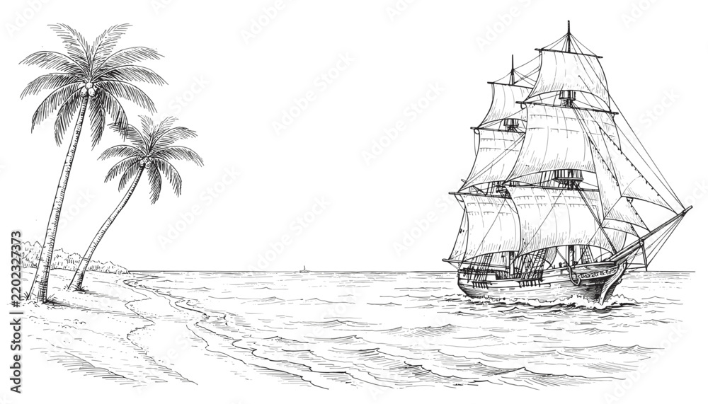 Naklejka premium Engraving style illustration of a sailing ship near a tropical beach