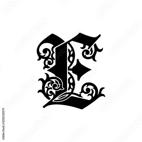 Decorative Gothic Letter E Ornamental Monogram Design