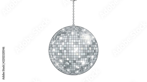 Sparkling disco ball hanging from a chain reflecting light.