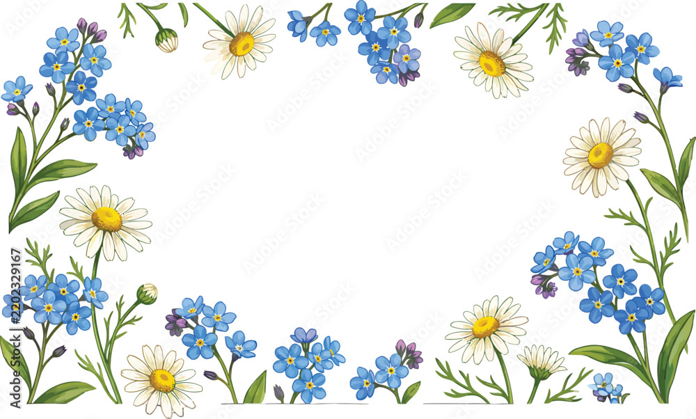 Fototapeta premium Decorative floral frame with daisies and blue wildflowers vector illustration for wedding stationery design