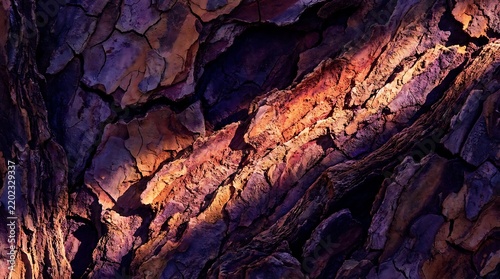 Close up of rough dark tree bark with orange inner texture