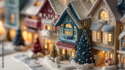 House models, a Christmas tree, and festive decorations on a city street with falling snow.
