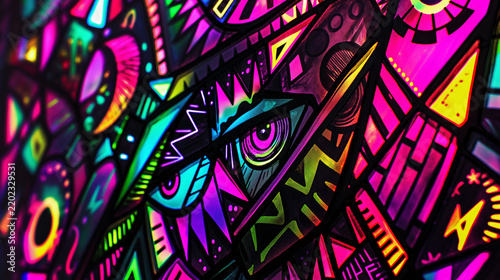 A striking and unusual perspective of a stained-glass window reveals neon light streaming through dark metal frames. Geometric patterns blend with light refracted through frosted glass, 