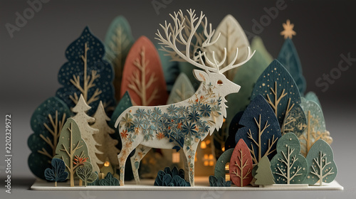 Christmas Tree with Reindeer Ornaments in a Winter Holiday Illustration