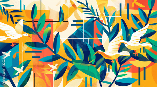 Seamless Vintage Bird and Feather Pattern with Colorful Floral Accents