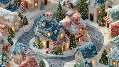 A miniature Christmas-themed world featuring small, snow-covered houses with glowing windows, candy canes, and beautifully decorated pine trees.