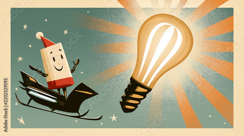 A glow-in-the-dark Christmas poster and light bulb illustration featuring a screen-printed style; it presents a contemporary take on vintage holiday advertising, creating a fun and festive atmosphere.