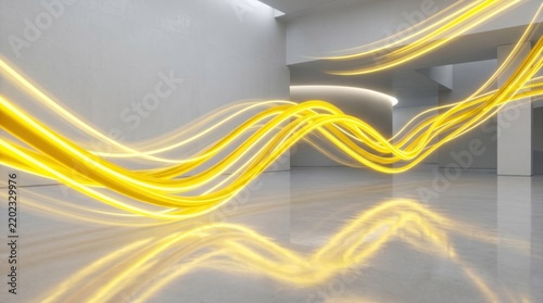 A futuristic, abstract light installation with yellow, glowing lines and shadows in a modern, minimalist setting.