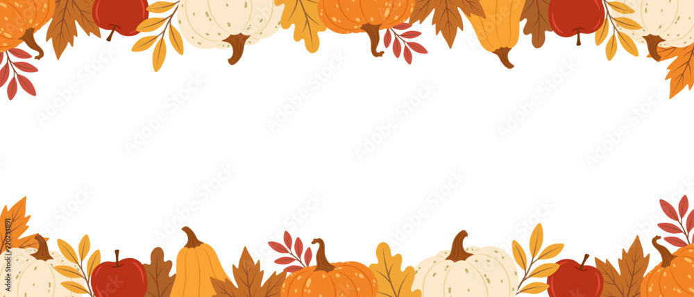 Fototapeta premium Autumn border frame banner with orange pumpkins, white squash, red apples and fallen leaves with copy space on transparent background. Thanksgiving harvest season vector illustration.