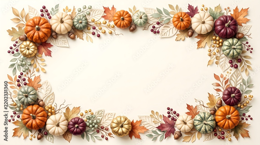 Fototapeta premium Autumnal frame with colorful pumpkins and fall foliage on a white background