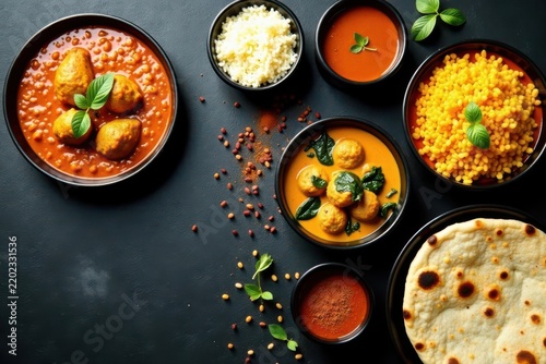 Savory Spiced Meatballs with Lentil Stew, Creamy Curry, and Fluffy Rice, Served with Flatbread and Seasoning