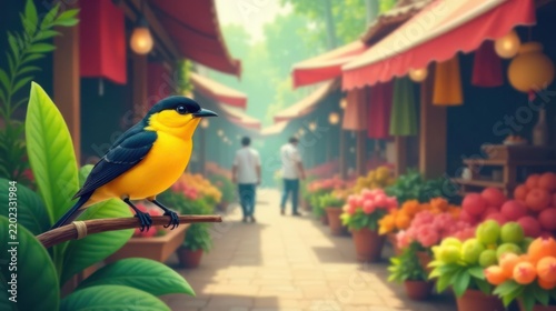 A vibrant yellow bird perched on a branch, a picturesque scene of a bustling marketplace with colorful flowers and awnings in soft focus.