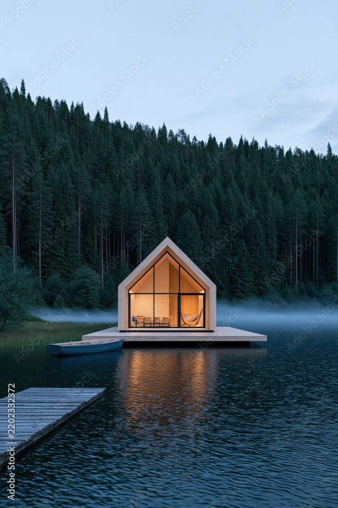 Fototapeta premium Contemporary wooden cabin on a tranquil forest lake with glowing interior and dock reflection for vacation background and interior design poster