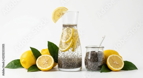 Healthy infused detox water with fresh lemon slices and organic chia seeds in a glass carafe, surrounded by whole lemons and green leaves on a white background, concept for wellness and hydration.
