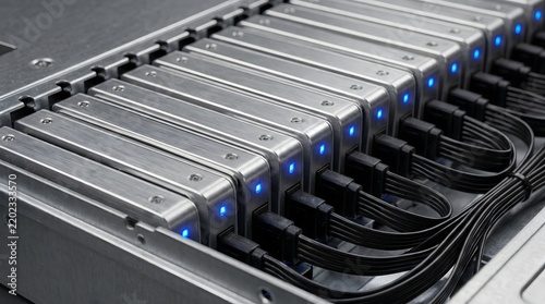 Close-up of metallic hard drives in a server rack with glowing blue LEDs and black connected cables. Enterprise big data storage, cloud computing, and IT infrastructure concept