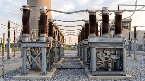 High voltage electrical substation equipment at power plant facility