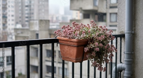 Pink flowering succulent in a hanging pot on a balcony railing against a blurred gray urban brutalist apartment background on an overcast day.