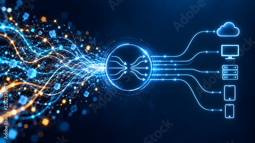 Abstract visualization of high speed network data flow routing through a central hub into cloud storage and multiple connected devices