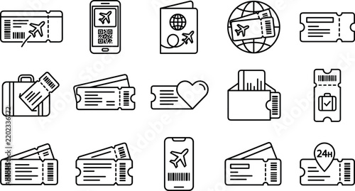 Travel flight boarding pass and event ticket icons set with digital mobile tickets passports luggage tags and monochrome line art