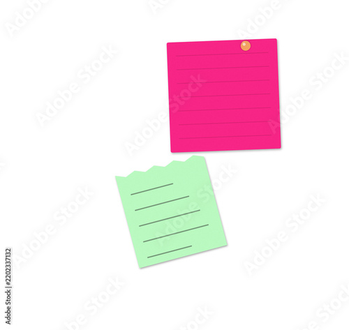 Pink and green sticky notes with lined paper isolated on white background