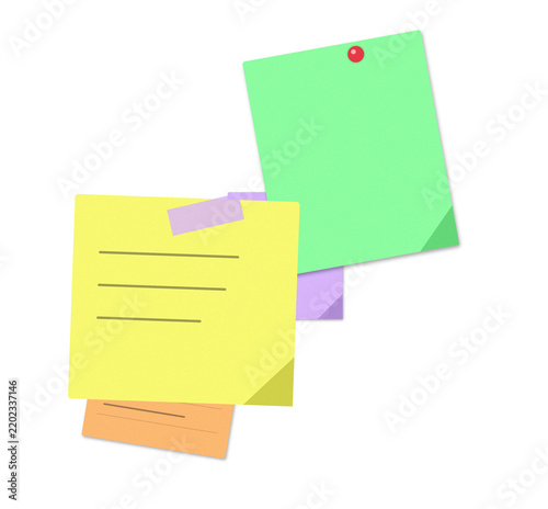 Colorful sticky notes with tape and push pin isolated on white background