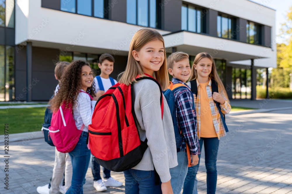Fototapeta premium Smiling elementary school children wearing backpacks outside school