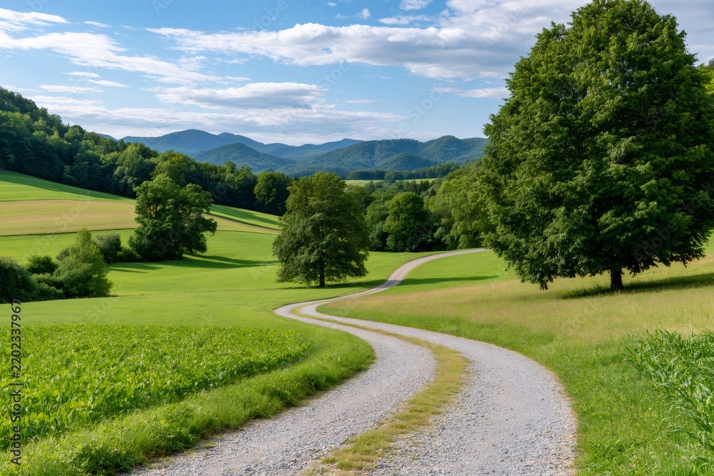 Fototapeta premium Winding gravel road in green countryside landscape