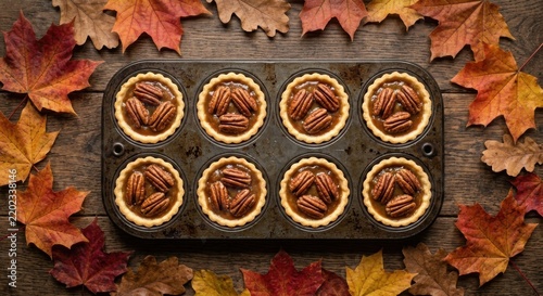 Top down view of mini pecan pies in a rustic tray with colorful autumn maple leaves on a dark wooden background, celebrating Thanksgiving holiday season and traditional fall baking concept.