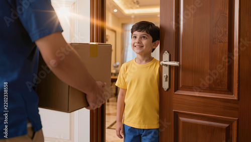 Happy Indian Boy Opening Door to Receive Package Delivery at Home