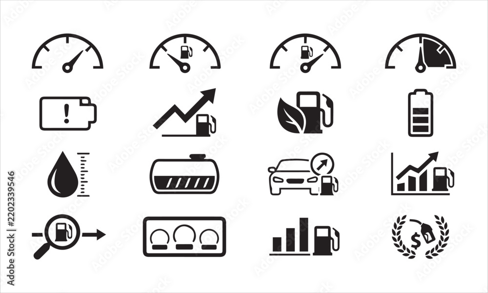 Fototapeta premium Fuel efficiency and car maintenance icons featuring gas gauges and search tools.