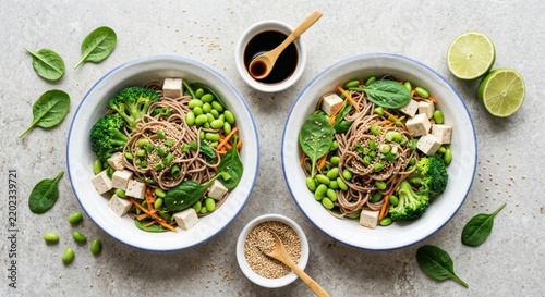 Top view of two healthy vegan soba noodle bowls with tofu, edamame, broccoli, and spinach, served with soy sauce, sesame seeds, and lime on a grey stone background for clean eating.