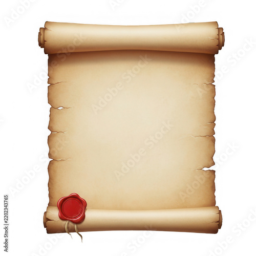 A vintage blank parchment paper scroll with a red wax seal isolated on a black background