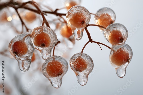 Orange berries covered in glistening ice on a branch