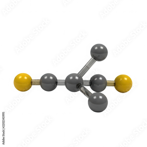 A three dimensional ball and stick model of a chemical molecule isolated on a black background