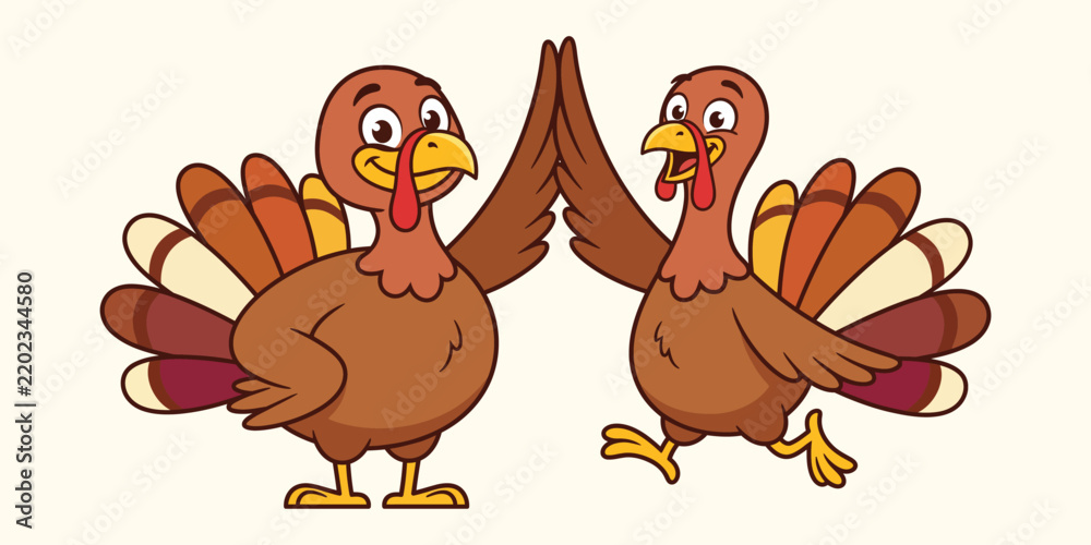 Obraz premium Two happy cartoon turkey characters giving high five festive thanksgiving holiday bird vector illustration design.