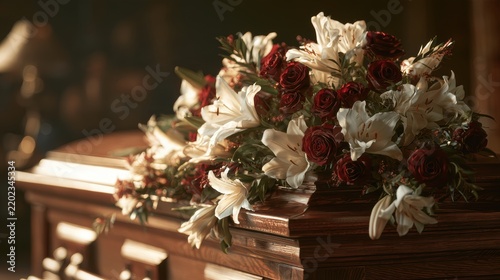 Wooden casket featuring a beautiful floral arrangement of white lilies and deep red roses