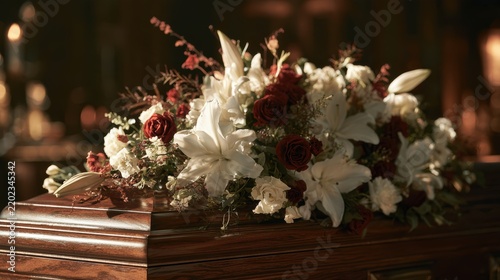 Casket decorated with funeral flowers including lilies and roses, symbolizing remembrance and loss