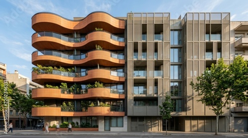 Modern Residential Apartment Building with Curved Wave Balconies and Contemporary Metal Lattice Facade Architecture in Urban City