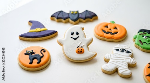 Cute Halloween Decorated Sugar Cookies with Ghost Pumpkin Bat Mummy and Witch Hat Royal Icing Biscuits for Party Celebration
